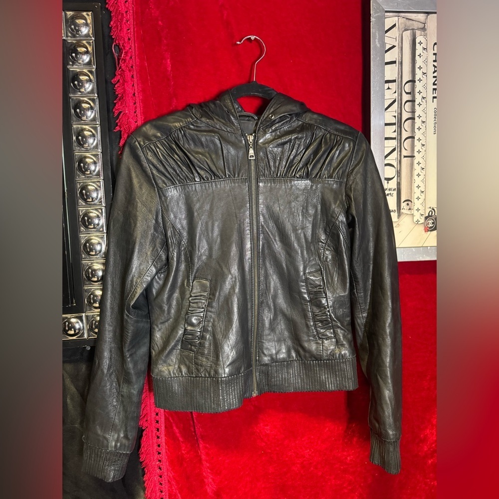 Black Leather Hooded Jacket